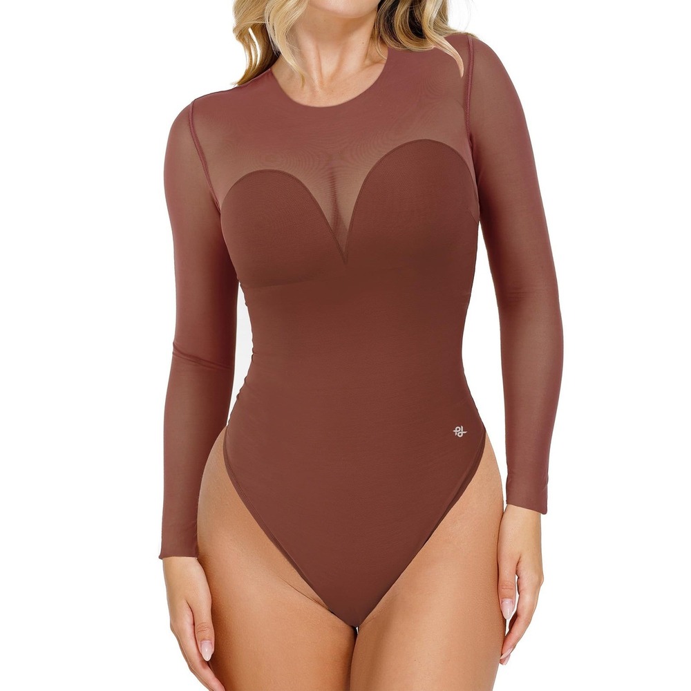 NWT Popilush Brown Long Sleeve Mesh Shapewear Bodysuit Tummy Control Large